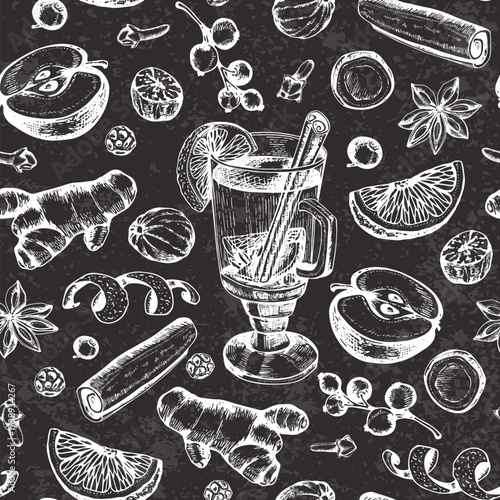 White chalkdrawn winter spices and drinks on a dark textured background