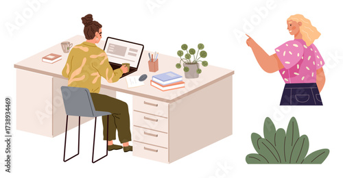Woman focused at desk on computer, engaged in a task. Nearby, a colleague gestures direction. Potted plant, folders emphasize office setting. Ideal for teamwork, communication, feedback