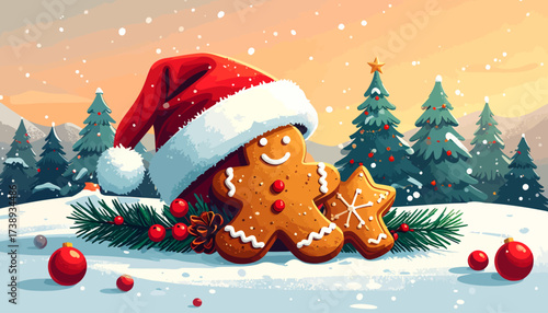 Festive Christmas scene with gingerbread cookies and Santa hat in the snow.
