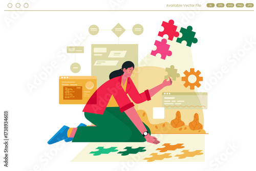Woman assembling puzzle pieces with flowchart and coding elements