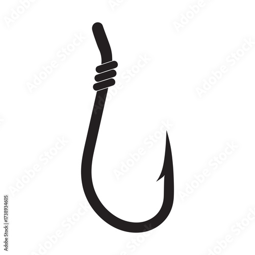 Simple black silhouette of a fishing hook on a white background