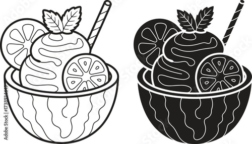 Two stylized coconut ice cream desserts with lime and mint