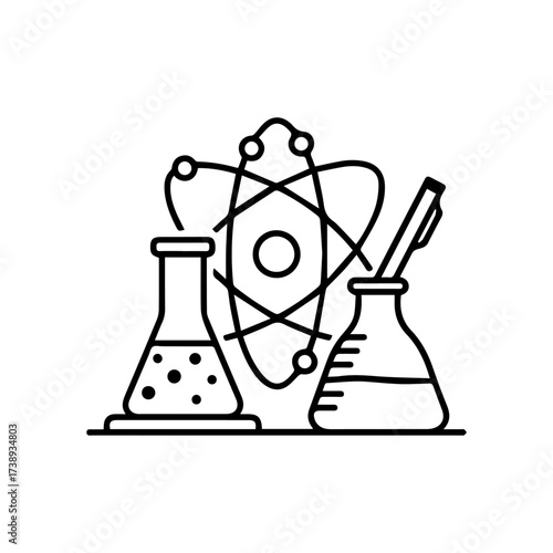 An atom model stands between two Erlenmeyer flasks with a pen in the right one