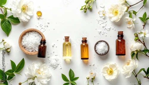 Spa Essential Oils and Salts Arranged on White Background with White Flowers