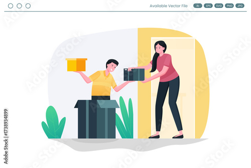 Woman hands box to man in box