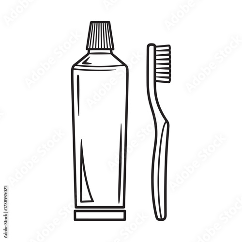 Hand drawn illustration of a toothpaste tube and toothbrush