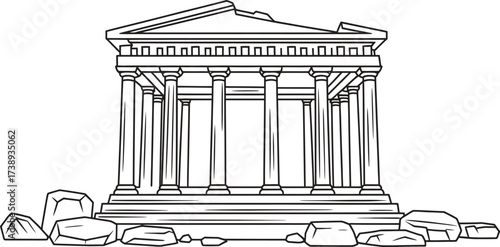 Ancient greek temple architecture line drawing with scattered stones