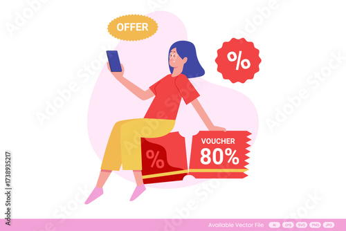 Woman holding a phone sitting on a voucher with 80 off
