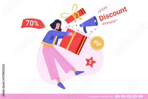 Woman holding a large gift box with discount symbols and a megaphone
