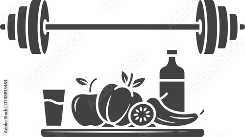 Barbell and healthy food for fitness and nutrition concept