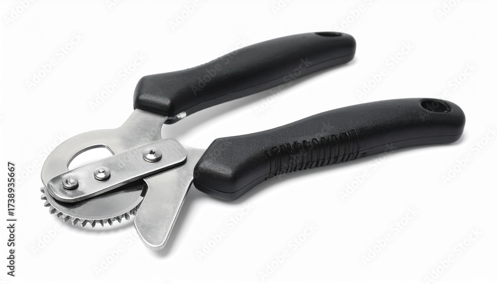 Obraz premium A black-handled can opener with a rotating blade and serrated feed wheel rests beside a spare blade. A metaphor for access and the choreography of utility through mechanical tension and domestic preci