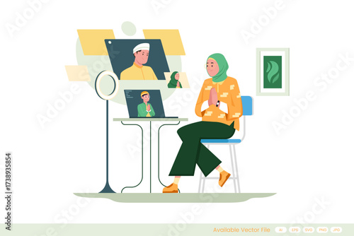 Woman in hijab on video call with people in religious attire