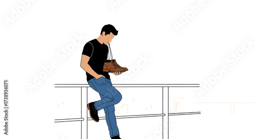 Stylish Man Leaning Against Railing Holding a Boot Silhouette in Modern Minimalist Illustration