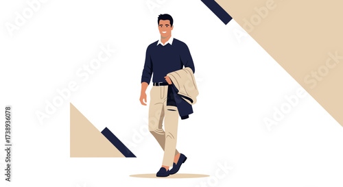 Stylish Man Walking Forwards, Presenting Fashionable Attire and Confident Demeanor