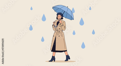 Stylish Woman In Trench Coat Uses Umbrella During Rainfall, Minimalistic Illustration
