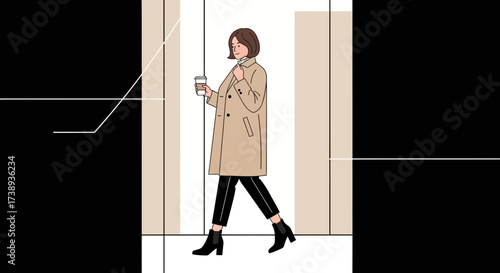 Stylish Woman Strolling With Coffee Through Modern Architectural Space