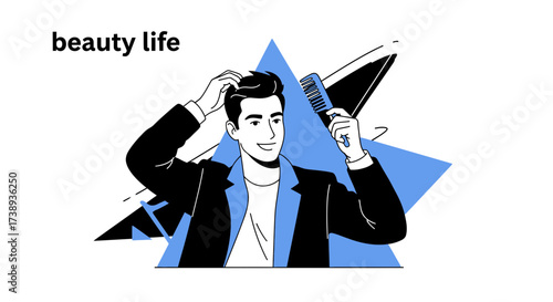 Stylish Young Man Combing Hair, Graphic Design for Beauty, Lifestyle and Grooming