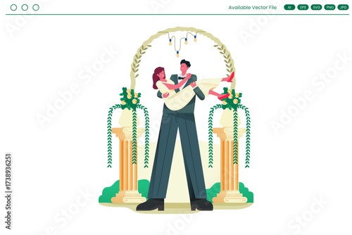 Wedding groom carrying bride under arch with flowers