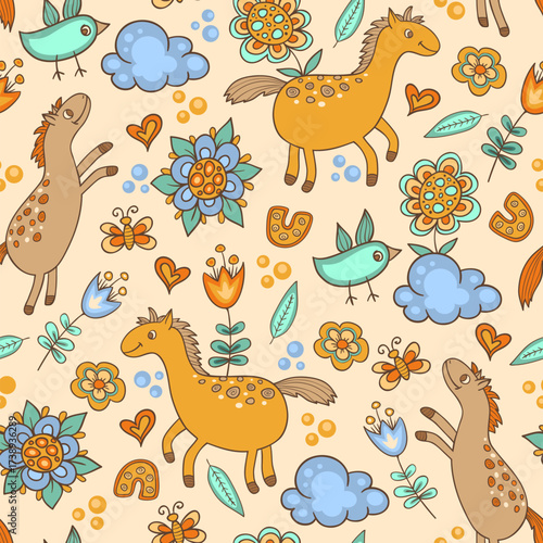 Whimsical cartoon pattern with horses birds clouds and flowers