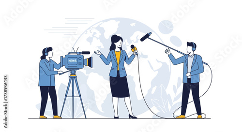 Television Crew Reporting Global News, Illustrative Digital Artwork On White