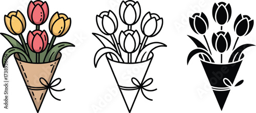Three stylized tulip bouquets in color outline and silhouette