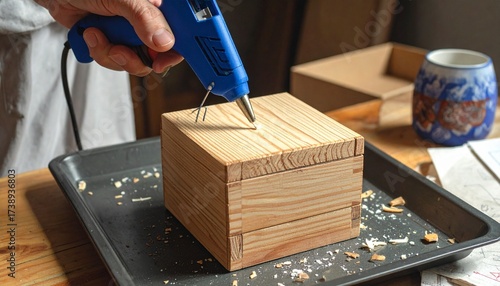 A blue hot glue gun applies adhesive to a wooden frame amid scattered tools—tape, pliers, thread, brushes, notes. A metaphor for creation and the choreography of assembly through tactile intention.