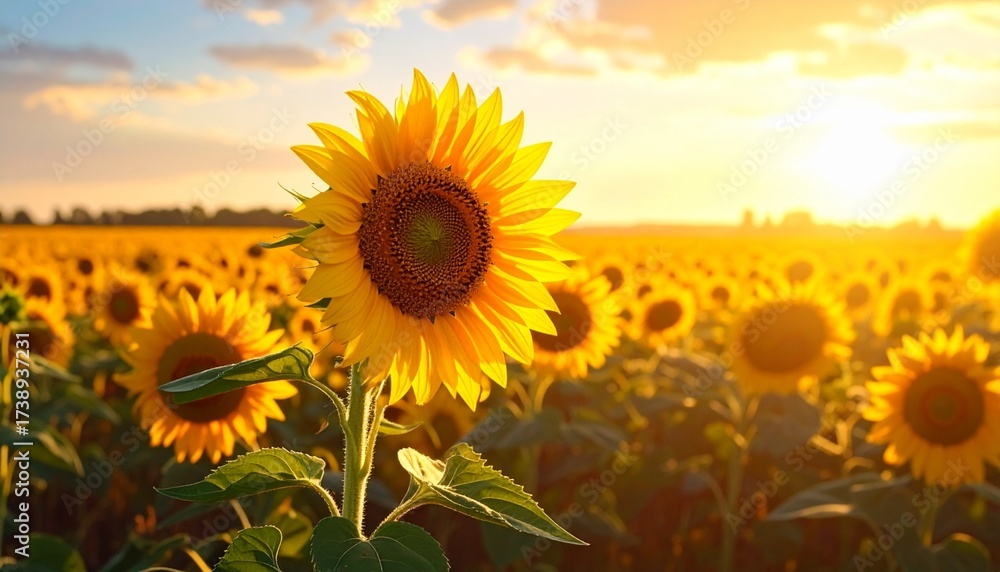 Naklejka premium A vibrant field of sunflowers bathed in the warm glow of a setting sun, with a single large sunflower in the foreground.