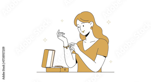 Woman Adorned with Bracelet, Enjoying Luxury of Jewelry, Minimalism Illustration
