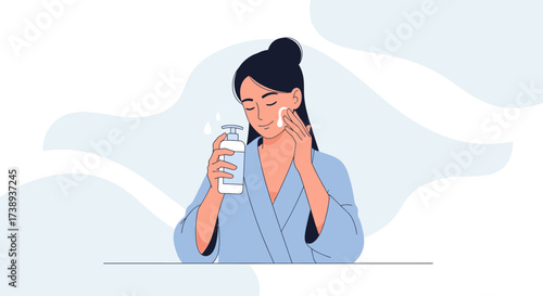 Woman Applying Facial Cleanser, Simple Illustration, Self-Care Routine, Skincare Concept