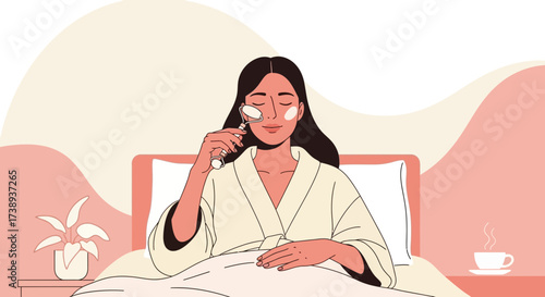 Woman Applying Facial Roller in Bed for Refreshing Self-Care Routine and Mindfulness