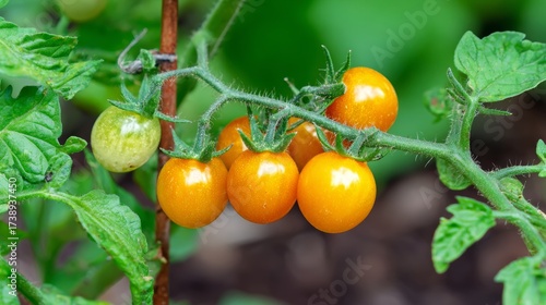 Wallpaper Mural Ripe cherry tomatoes growing on the vine in a garden setting, with vibrant red fruit clustered among green leaves, showcasing natural freshness, healthy produce, and organic plant cultivation outdoors Torontodigital.ca