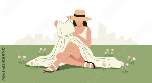 Woman Choosing Dress Outdoors Sitting On The Grass Near Flowers With City In Background