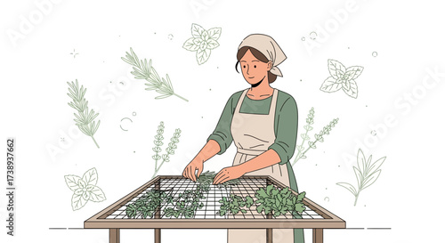 Woman Harvesting Herbs, Preparing For Drying Process, Illustration of Natural Herbal Garden