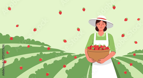 Woman Harvesting Strawberries In A Field, Holding a Basket, A Delightful Illustration