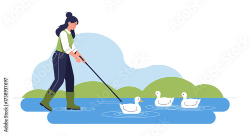 Woman Herding Ducks On A Pond With Green Scenery And Clear Blue Sky  Depiction