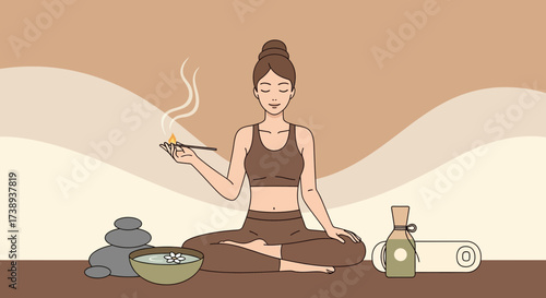 Woman Meditating With Incense Creates a Serene Atmosphere of Relaxation and Wellness