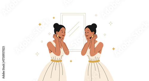 Woman Matching Earrings In Mirror, Preparing For Event, Elegant Fashion, And Style