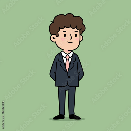 Cartoon man in dark blue suit with pink tie, smiling calmly on light green background.
