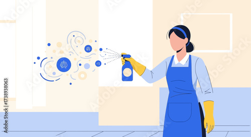 Woman Spraying Disinfectant To Clean Wall, Maintaining Cleanliness, Hygiene And Health