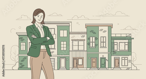 Woman standing confidently in front of houses ready to sell her real estate property