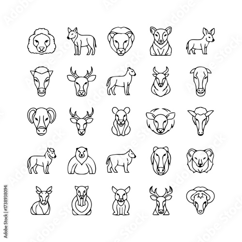 Array of outlined animal illustrations lion wolf deer ox bear sheep and others in distinct poses and facing directions