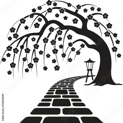 Silhouette of a weeping cherry tree with a brick path and lantern
