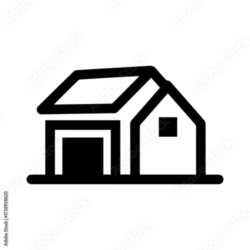 Black and white line drawing of a simple house icon with a garage and small square window