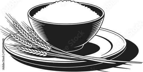 Black and white illustration of a bowl of rice with wheat stalks