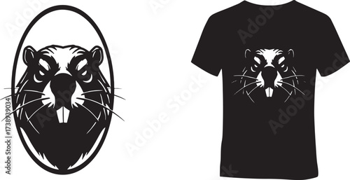 Aggressive Beaver Head Vector Illustration on Black T-Shirt, Bold Monochrome Animal Mascot Design for Apparel and Branding