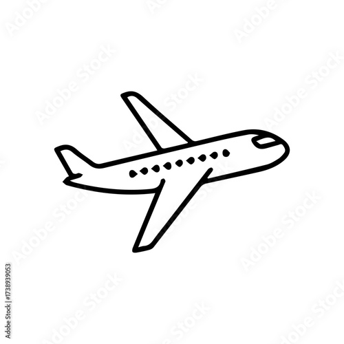 Black outline of an airplane angled upwards with dots marking the windows