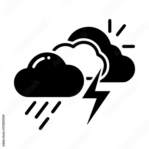 Black silhouette of storm cloud rain lightning bolt and sun rays