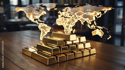 Gleaming gold bars world map background precious metal