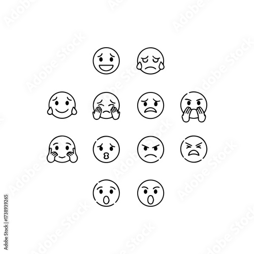 Black  white line art of various emotions arranged in a circular pattern
