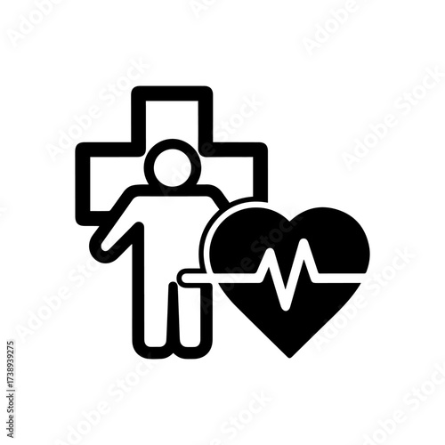 Black  white medical icon person with cross behind heart with pulse line symbol health medicine wellness